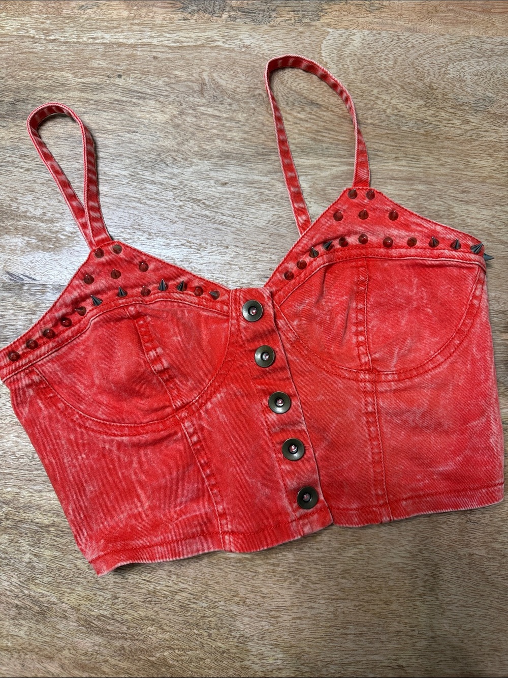 Dark Orange Studded Button-Front Crop Bustier Top